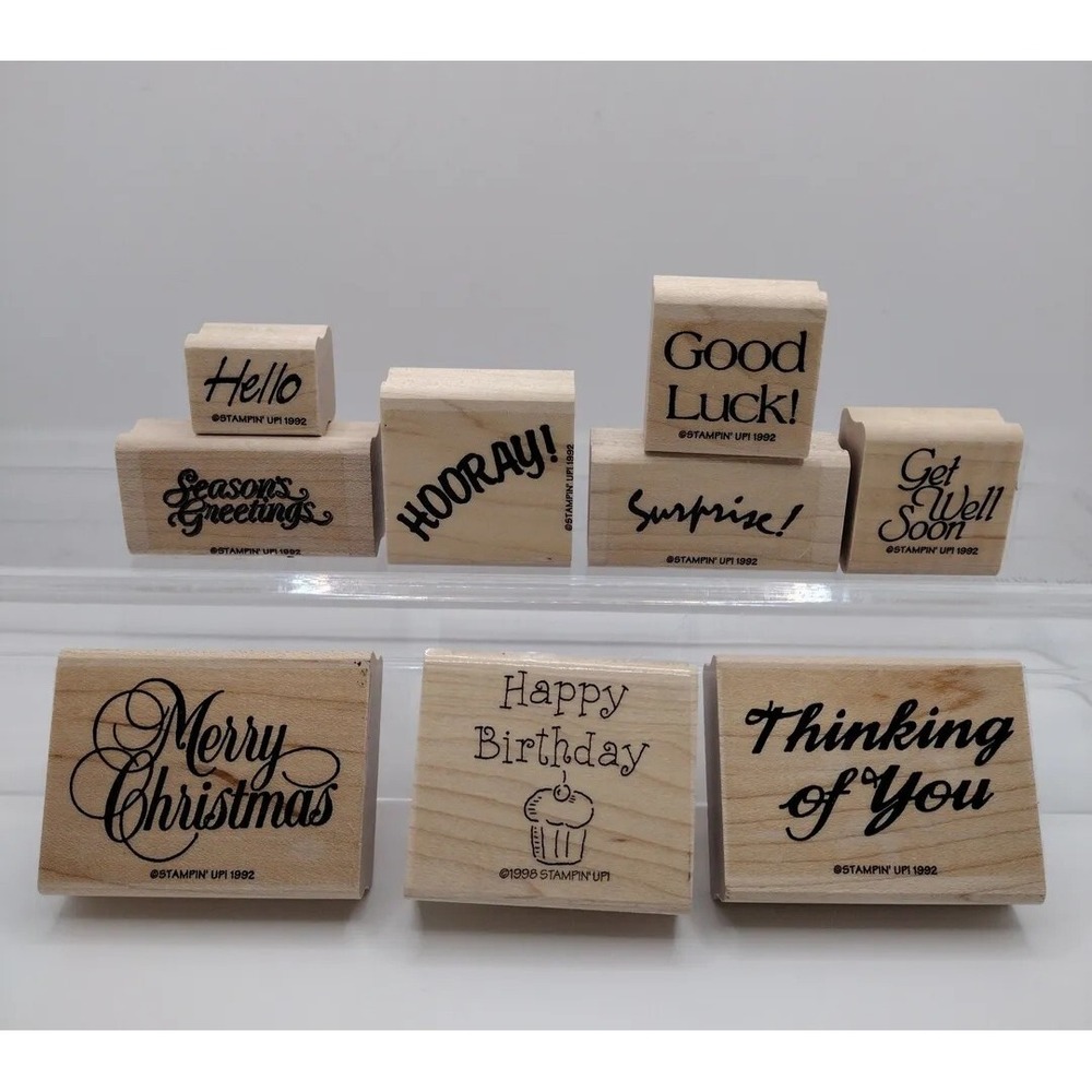 Lot of 9 Stampin' Up Wood Mounted Rubber Stamps Sayings 1992 1998 NEW